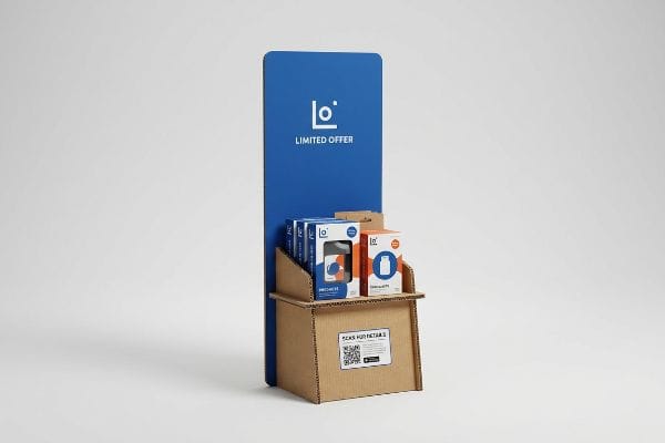 Cardboard POP display with blue back panel, 'Lo' logo, 'Limited Offer', and 'Precise'/'Smooth' product boxes, plus 'Scan For Details' QR codes.