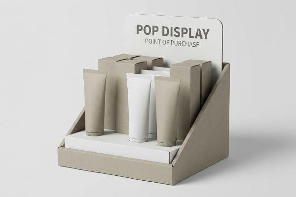 A cardboard Pop Display unit for retail, featuring kraft paper and white tubes, with a sign reading 'Pop Display Point Of Purchase'.