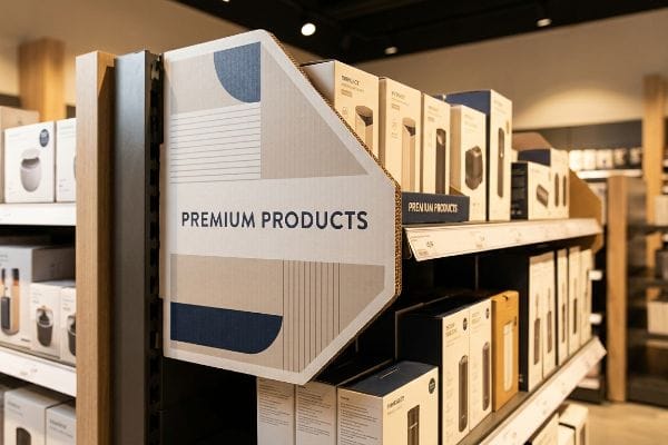 Présentation de produits haut de gamme Un rayon de vente au détail présente un présentoir en carton avec l'inscription « Produits haut de gamme » et des motifs géométriques, à côté des boîtes de produits.