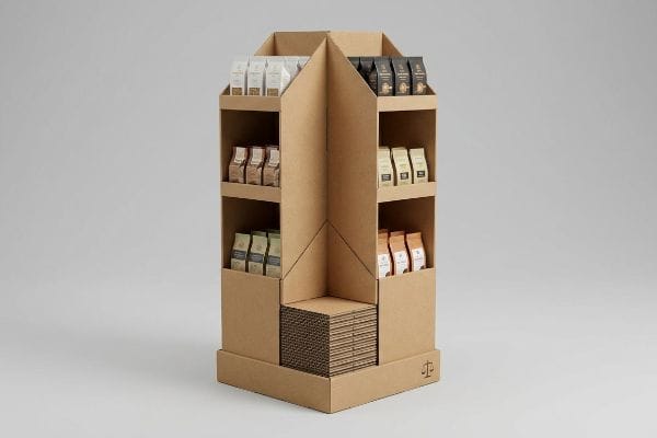 Cardboard Floor Merchandiser Brown corrugated cardboard quarter-pallet floor merchandiser displaying product bags, with a visible weighted base of stacked cardboard for stability.