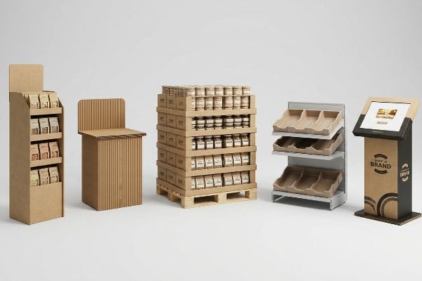 Assortiment de présentoirs de vente au détail Présentoirs de vente au détail en carton ondulé : présentoir de sol, présentoir de comptoir, structure de palette, plateaux d’étagère et présentoir interactif.
