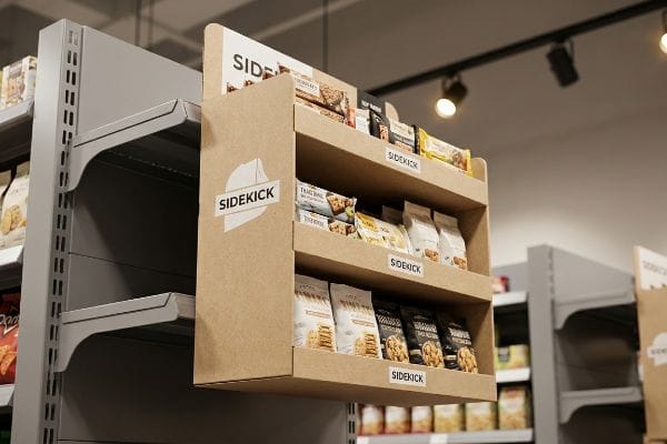 Sidekick Display Snacks A brown cardboard sidekick display hangs on a grey retail shelf, showcasing various packaged snacks and prominently featuring the 'Sidekick' brand.