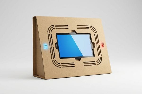 Ventilated Tablet Display Brown corrugated cardboard display with a tablet, showing laser-cut vents and icons for thermal management, preventing screen overheating.
