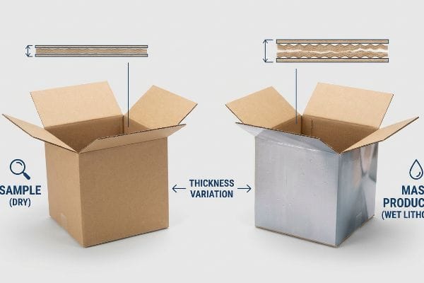 Cardboard thickness variation: "Sample (Dry)" box with flat layers contrasts "Mass Production (Wet Litho)" box with corrugated, thicker material.