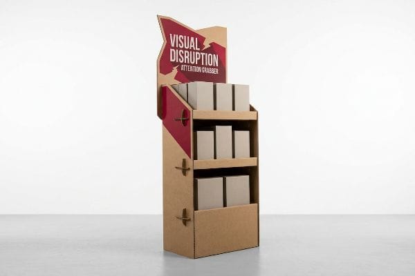 Natural brown corrugated cardboard display with asymmetrical die-cut header featuring "Visual Disruption Attention Grabber" text and three tiers of plain boxes.