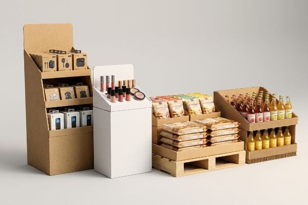 Retail PDQ Display Types A retail environment showcases diverse PDQ displays: a cardboard floor stand with electronics, a white countertop unit for cosmetics, a wooden pallet build for Salty Snacks, and a corrugated shelf tray for bottled beverages.