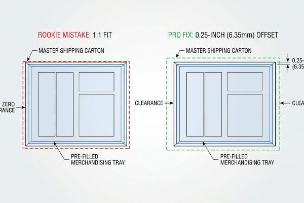 Déstockage de plateaux en carton Schéma illustrant une erreur de débutant : un carton d’expédition maître à ajustement 1:1 avec un dégagement nul autour d’un plateau de marchandisage pré-rempli, comparé à un décalage Pro Fix de 0,25 pouce (6,35 mm) offrant un dégagement essentiel.