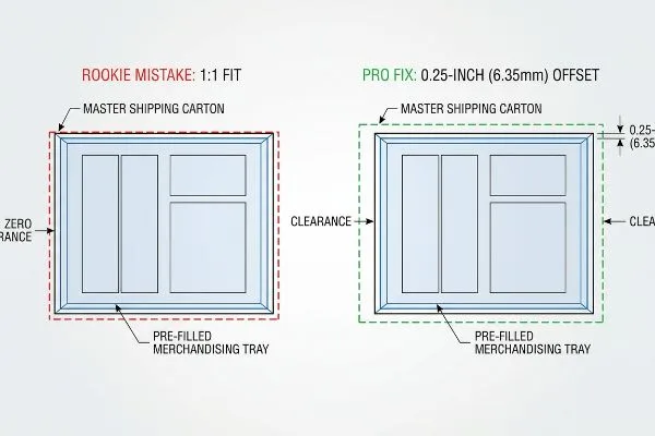 Diagram illustrating a Rookie Mistake 1:1 Fit Master Shipping Carton with Zero Clearance around a Pre-Filled Merchandising Tray, contrasted with a Pro Fix 0.25-Inch (6.35mm) Offset providing essential clearance.