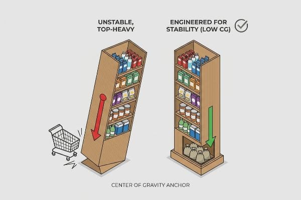Unstable, Top-Heavy retail display tipping vs. stable, low CG unit anchored by base weights.