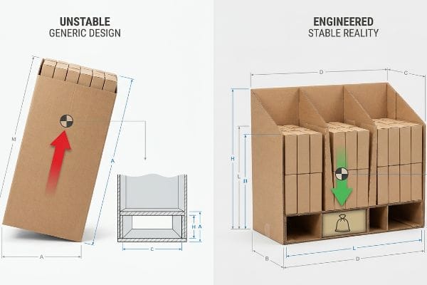 Corrugated display comparison: Unstable Generic Design, high CoG, hollow base; Engineered Stable Reality, lowered CoG, weighted base.