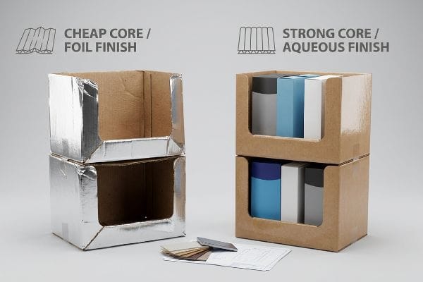 Core Finish Comparison Corrugated display boxes compare 'Cheap Core / Foil Finish' (silver) with 'Strong Core / Aqueous Finish' (kraft), showcasing different packaging materials.