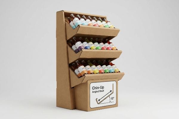 Chin-Up Angled Shelf Brown corrugated cardboard gravity flow rack with three angled shelves displaying colorful bottles, featuring a Chin-Up Angled Shelf diagram showing a 15-degree upward base.