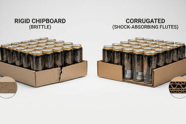 Chipboard vs Corrugated Packaging Rigid Chipboard (Brittle) packaging for canned beverages shows a crack, contrasted with intact Corrugated (Shock-Absorbing Flutes) material.