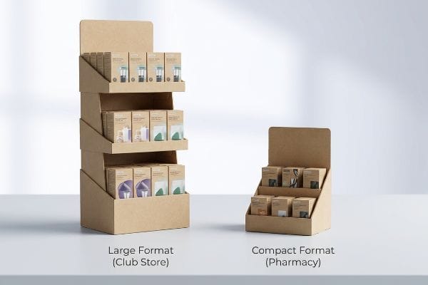 Natural kraft cardboard displays, a multi-tiered Large Format Club Store unit and a Compact Format Pharmacy display, showcasing retail merchandising.
