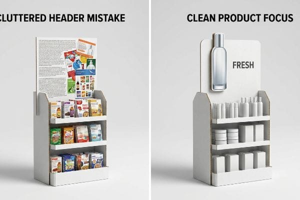 Contrasting retail endcap displays: a Cluttered Header Mistake with dense text and a Clean Product Focus featuring a 'Fresh' bottle.