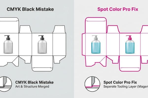 Packaging dieline comparison: CMYK Black Mistake (merged art/structure) vs. Spot Color Pro Fix (separate magenta tooling layer).