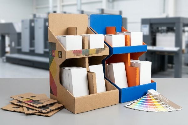Corrugated paperboard point-of-purchase display stands with Cmyk printing, white boxes, and a Pantone color swatch fan deck.