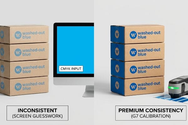 Les boîtes en carton présentent un bleu délavé et irrégulier dû à une estimation approximative de l'écran d'entrée CMJN, contrairement à la cohérence des couleurs optimale obtenue avec l'étalonnage G7.