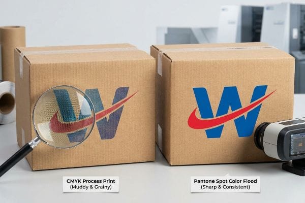 Impression Pantone CMJN Deux boîtes en carton ondulé affichent un logo, contrastant une impression CMJN granuleuse agrandie par un aplat de couleur Pantone net, à côté d'un spectrophotomètre.