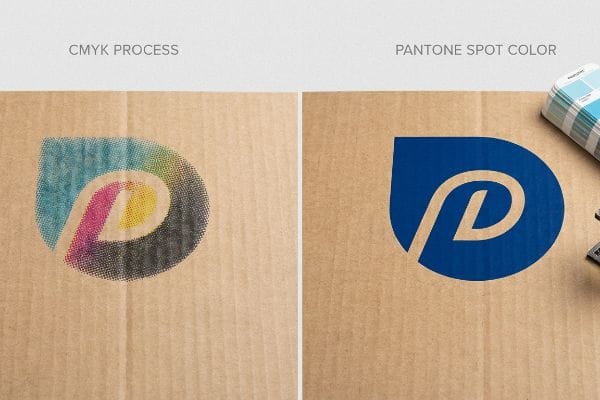 Corrugated board comparison showing grainy CMYK Process halftone dots versus crisp Pantone Spot Color blue logo.