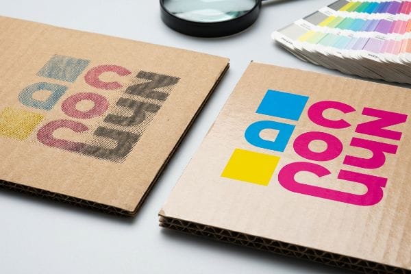 CMYK vs Spot Color Corrugated cardboard samples displaying 'CMYK' and 'NHN' text, comparing muddy CMYK halftone dots to crisp, vibrant spot color printing.