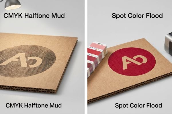 Corrugated cardboard displays a muddy CMYK Halftone Mud logo versus a vibrant Spot Color Flood logo with PMS solid inks.