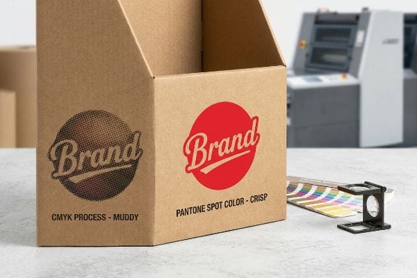 Brown corrugated cardboard box displaying two "Brand" logos: one Cmyk Process - Muddy, the other Pantone Spot Color - Crisp, highlighting print quality.