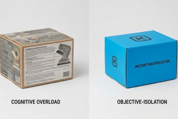 Two retail display boxes: a brown 'Cognitive Overload' box with complex text, and a bright blue 'Objective-Isolation' box with 'Instant Gratification' and a 'K' logo.
