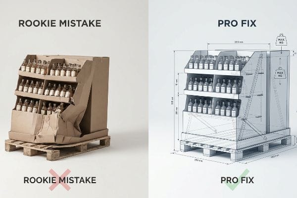 Rookie Mistake Pro Fix Collapsed brown cardboard display, labeled Rookie Mistake, contrasts with a Pro Fix blueprint showing structural dimensions and Max Kg.