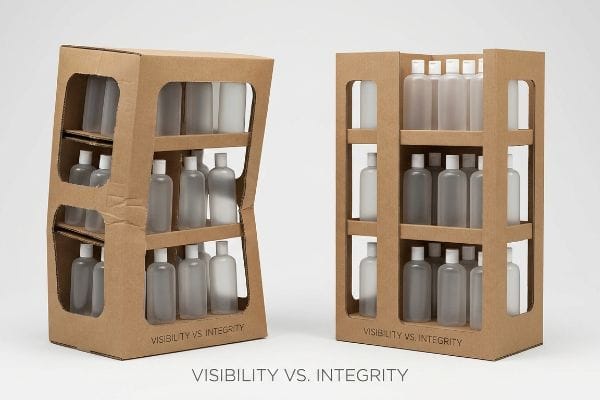 Visibility vs. Integrity Brown corrugated cardboard displays, one collapsing, one stable, filled with translucent bottles, demonstrating 'Visibility Vs. Integrity'.