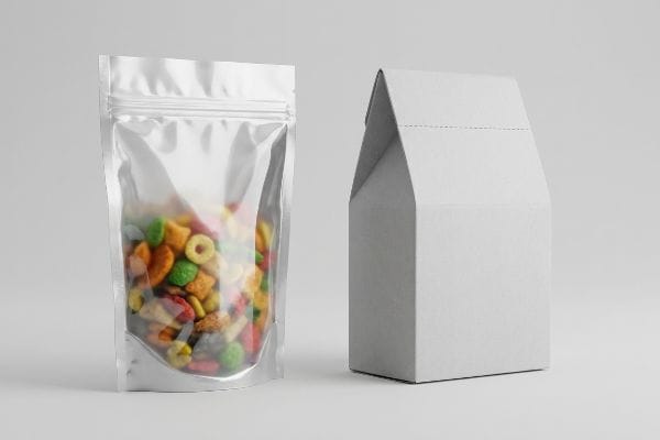 Clear flexible stand-up pouch of colorful cereal and a plain white paperboard carton.
