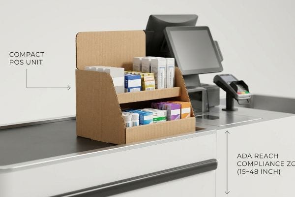 A two-tier corrugated cardboard Compact POS Unit on a checkout counter, displaying small packaged goods within the Ada Reach Compliance Zone (15-48 Inch).