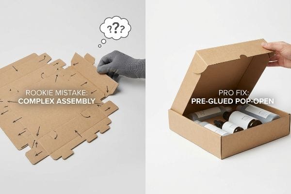 Complex vs Pop-Open Packaging A split image contrasts complex flat-pack cardboard box assembly, labeled "Rookie Mistake," with an easy "Pro Fix: Pre-Glued Pop-Open" retail packaging.