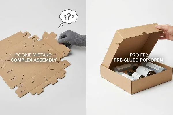 Emballage complexe vs emballage à ouverture facile Une image divisée oppose l'assemblage complexe d'une boîte en carton à plat, étiquetée « Erreur de débutant », à un emballage de vente au détail facile « Solution de pro : pré-collé et à ouverture facile ».