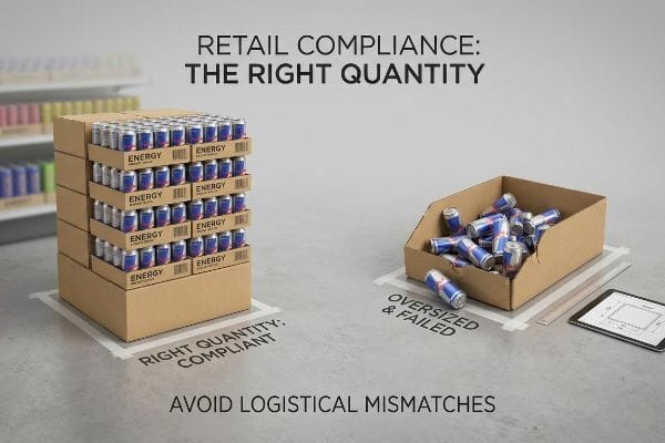 Cardboard display of ENERGY drink cans, labeled 'Right Quantity: Compliant', contrasted with an 'Oversized & Failed' box of spilled cans, highlighting retail compliance.