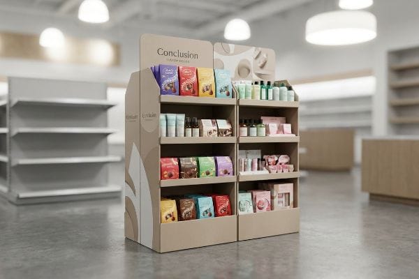 Retail POP Display Products Light brown cardboard POP display for Conclusion Custom Boxes, showcasing impulse consumer goods like chocolates, cosmetics, and toiletries in a retail store.
