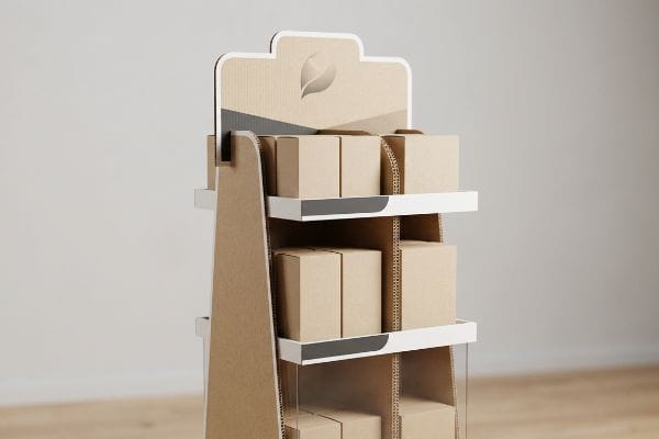 Corrugated POP Display A three-tiered corrugated cardboard point of purchase display showcases plain brown boxes on white shelves, featuring a subtle leaf logo.