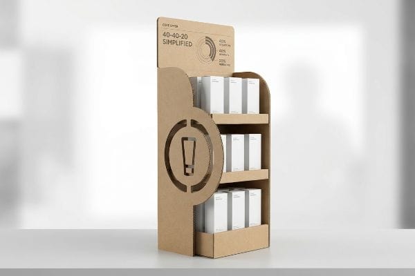 Simplified Corrugated POS Display Corrugated cardboard point-of-sale display featuring '40-40-20 Simplified' text and a 3D die-cut tube icon.