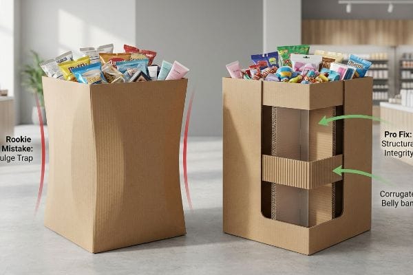 Corrugated dump bins: Rookie Mistake Bulge Trap contrasts with Pro Fix Structural Integrity and Corrugated Belly Band.