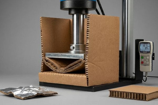 Brown corrugated cardboard collapses under a hydraulic compression press, displaying 187.5 LBS (85 KG) Peak force on the digital gauge, with crumpled foil and uncrushed board.