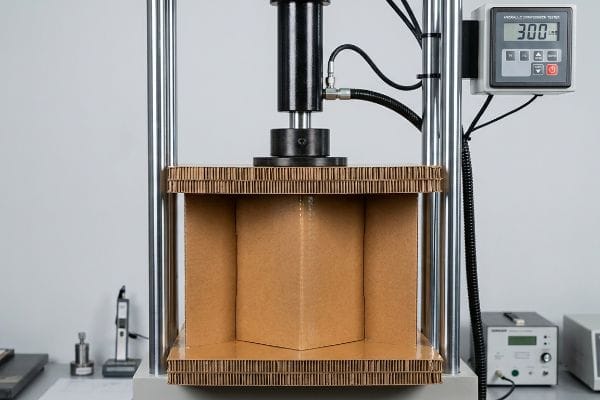 Corrugated board undergoing a hydraulic compression test, showing the press applying force and the digital display reading 300 LBS.