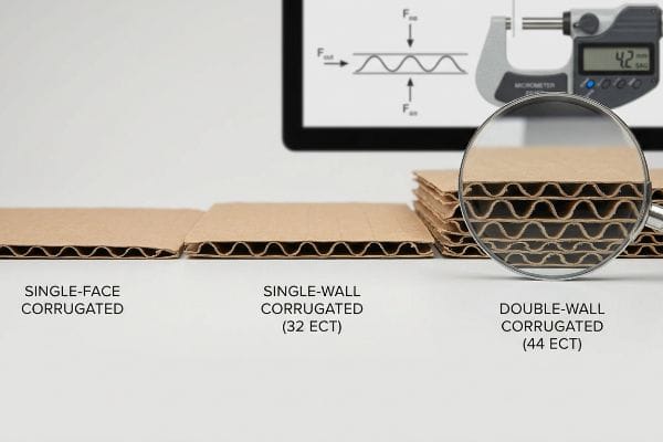 Corrugated Board Types ECT Corrugated board comparison showing Single-Face, Single-Wall (32 ECT), and Double-Wall (44 ECT) structures, with a magnified view and micrometer displaying 4.2 mm.