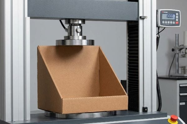 Corrugated Box Compression Test Brown corrugated retail display box undergoing BCT compression test on a hydraulic press, showing 1000 on the digital display.