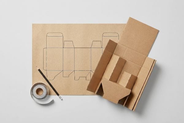 Cardboard Box Design Process A partially assembled corrugated cardboard box and a die-cut template on kraft paper, with a pencil and tape, for packaging design.