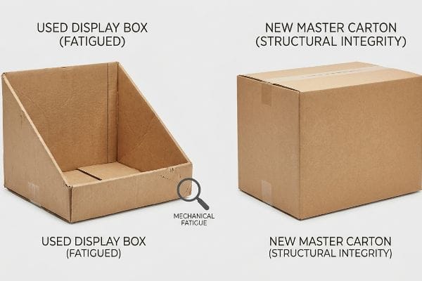 Brown corrugated used display box with mechanical fatigue, contrasted by a new master carton showing structural integrity.