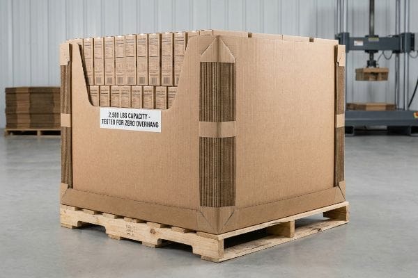 Corrugated cardboard bulk container on a wooden pallet, showing 2,500 Lbs Capacity - Tested For Zero Overhang label.