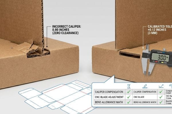 Torn corrugated packaging from Incorrect Caliper 0.00 Inches (Zero Clearance) contrasted with a perfect fit using Calibrated Tolerance +0.12 Inches (3 MM), demonstrating Caliper Compensation.