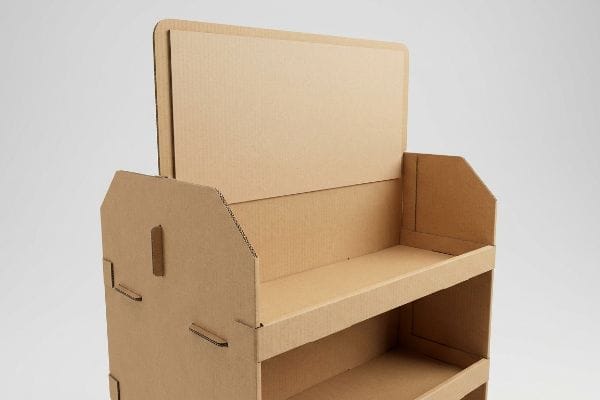 A sturdy, empty corrugated cardboard retail endcap display stand features two shelves and a prominent back panel.