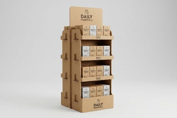 This retail display unit, a brown corrugated FSDU, showcases "Daily Essentials" products in white and kraft boxes on four shelves.