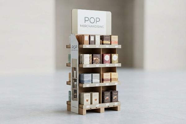 This corrugated cardboard POP Merchandising display features multiple shelves filled with diverse product boxes, enhancing retail visibility.